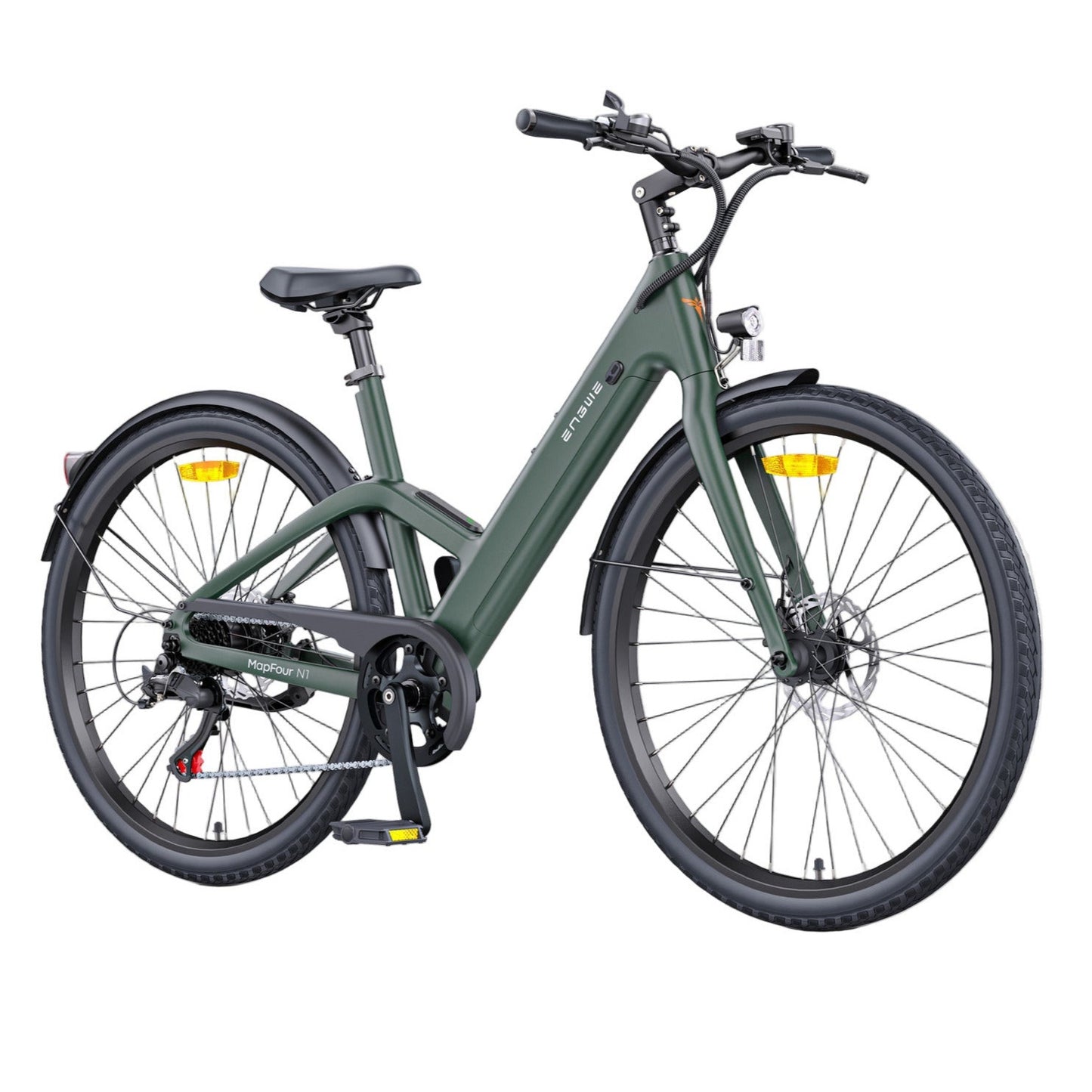 A green ENGWE MapFour N1 Air electric bike with a step-thru frame design, displayed against a white background.