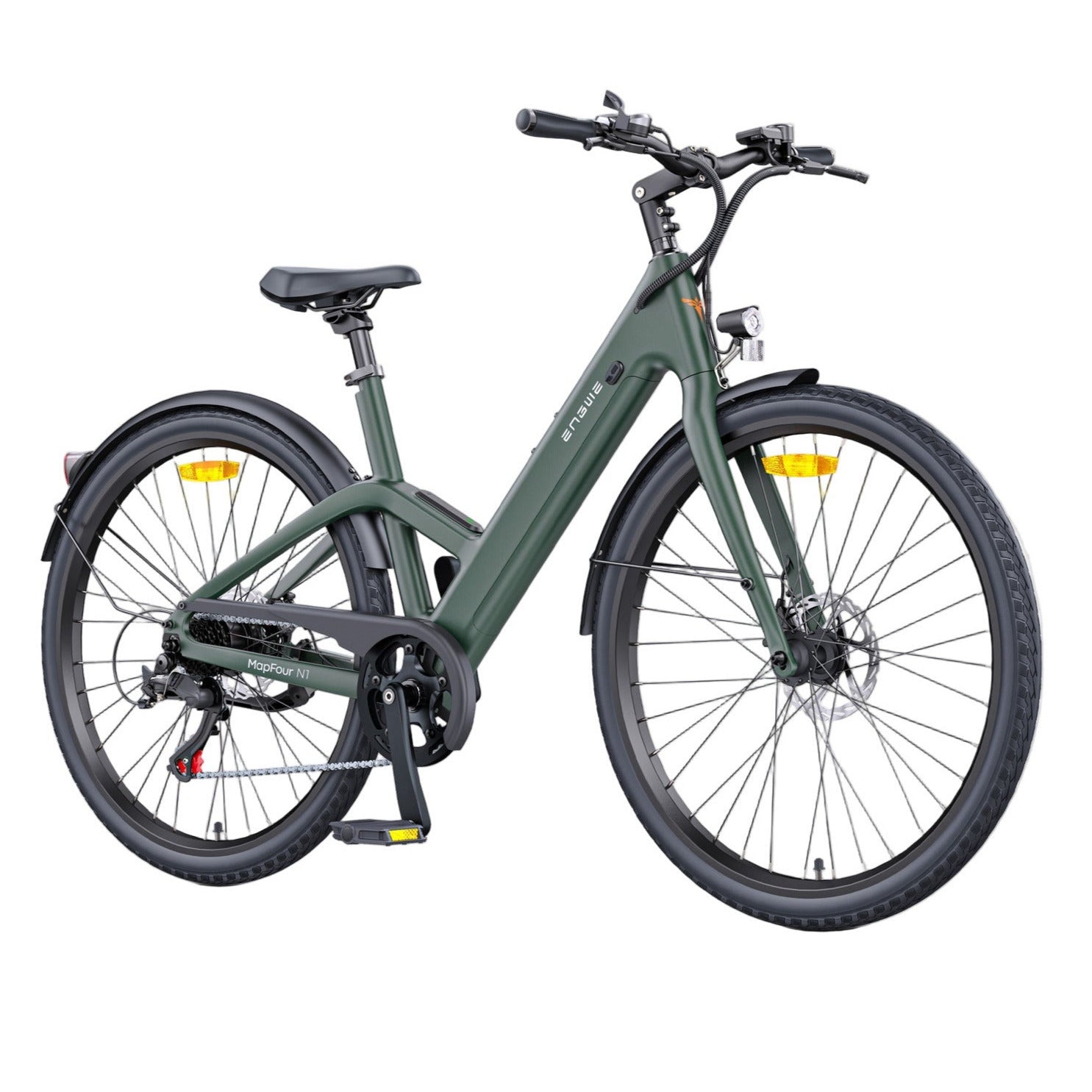 A green ENGWE MapFour N1 Air electric bike with a step-thru frame design, displayed against a white background.
