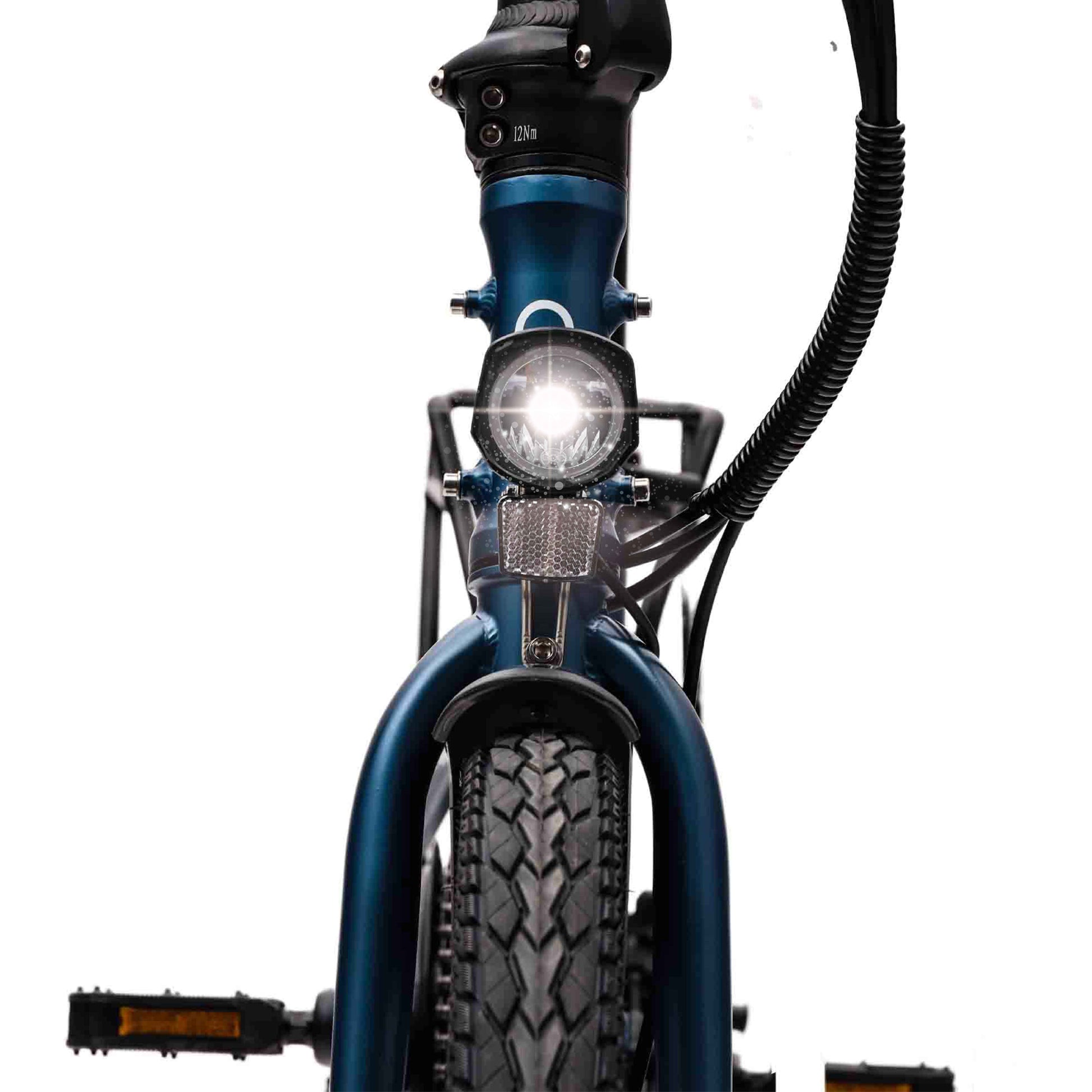 Hygge Virum Step Electric Bike Navy Blue Front Light On