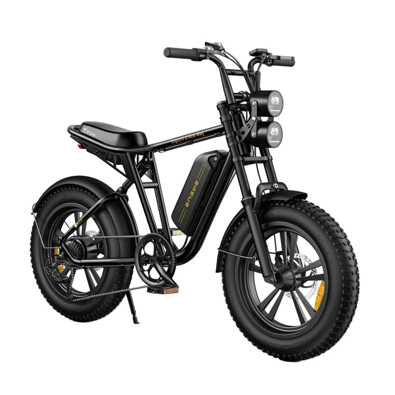 ENGWE M20 Electric Bike in black color with dual suspension and fat tires, equipped with a battery and displayed on a white background.