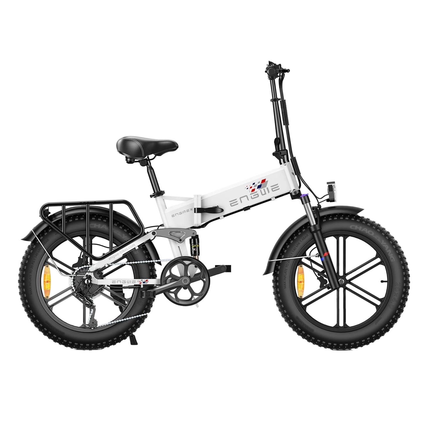 A white and black ENGWE Engine X foldable electric bike with fat tires and a rear cargo basket.