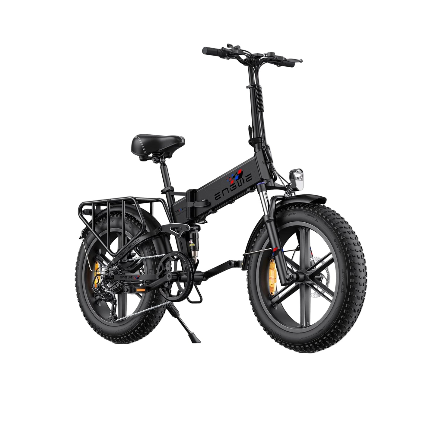 black ENGWE Engine X foldable electric bike with fat tires and a rear cargo basket.