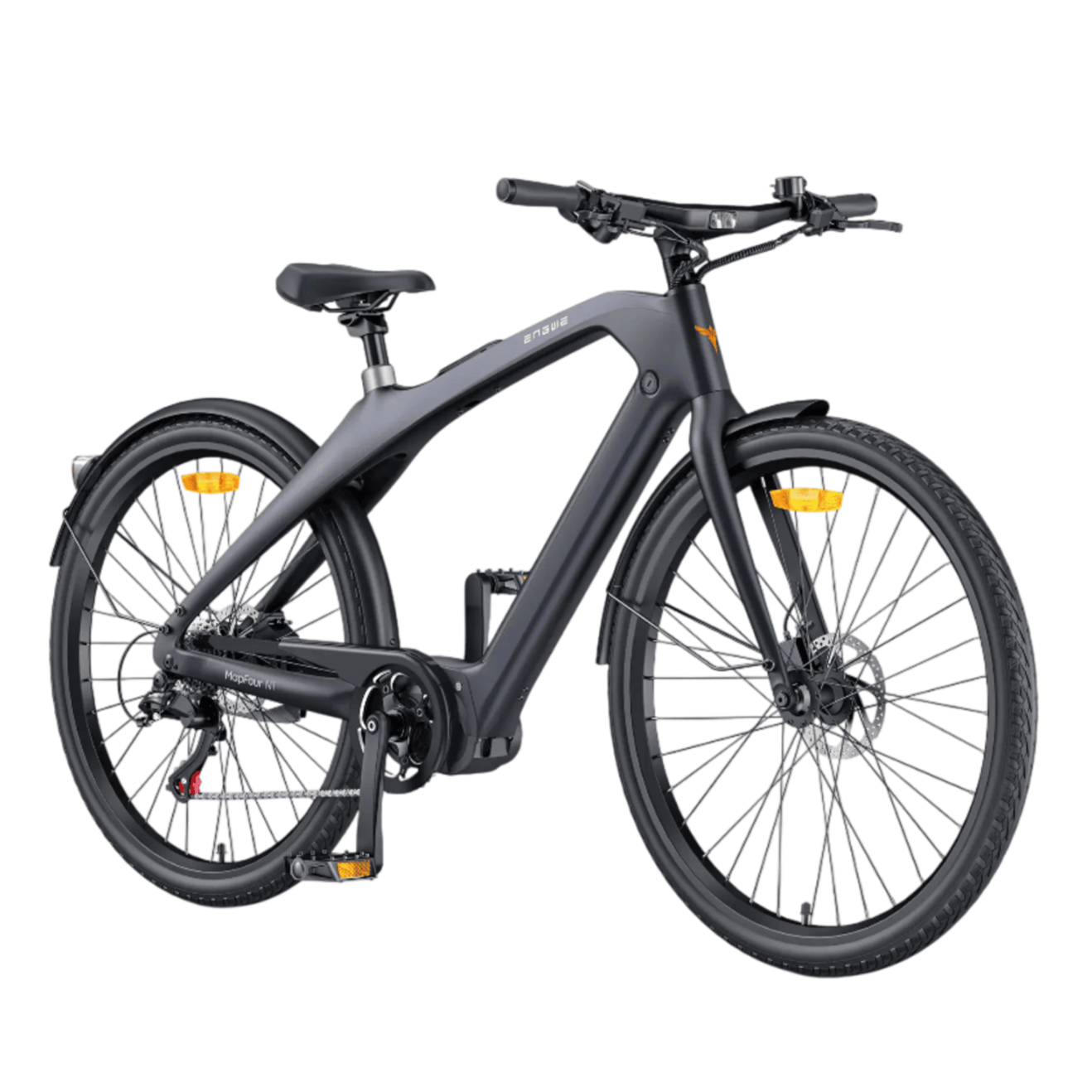 Black Engwe MAPFOUR N1 PRO Electric Bike with a mid-drive motor and torque sensor, featuring a carbon fiber frame and hydraulic disc brakes.