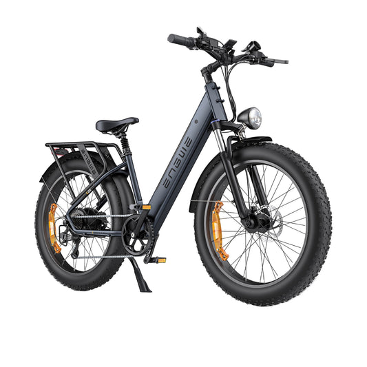 ENGWE E26 Electric Bike featuring a dual suspension system and fat tyres, primarily in black color, with orange accents.