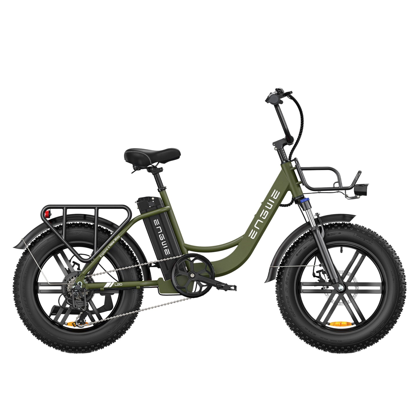 Black ENGWE L20 electric bike with front suspension and a battery pack on the back rack, featuring fat tires and a step-thru frame design.