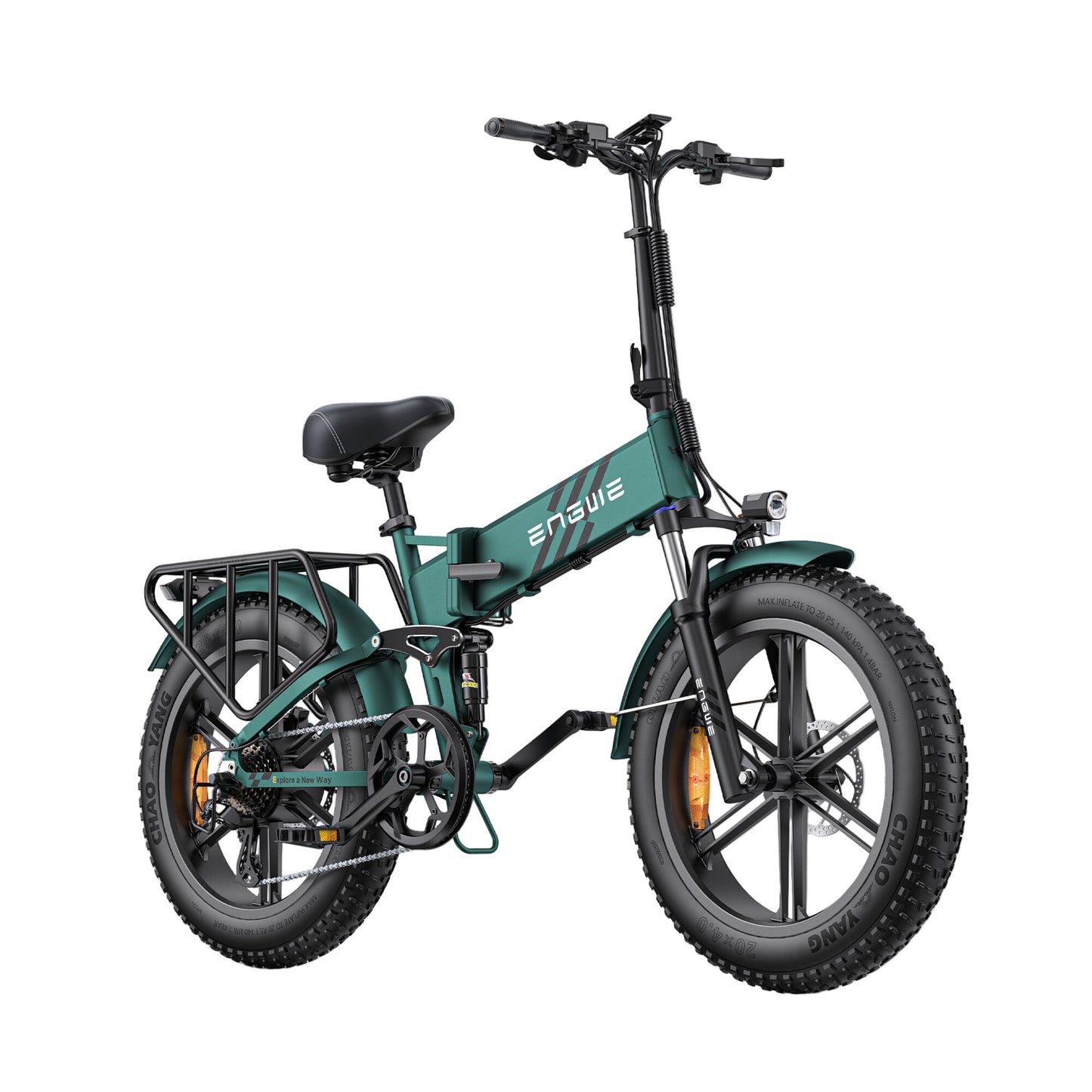 A green ENGWE ENGINE PRO 2.0 electric bike with fat tires, a foldable frame, and a rear rack.