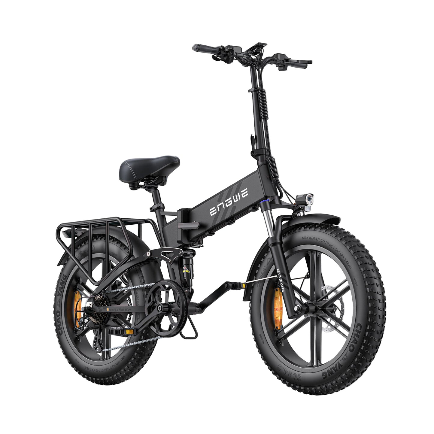 A black ENGWE ENGINE PRO 2.0 electric bike with fat tires, a foldable frame, and a rear rack.