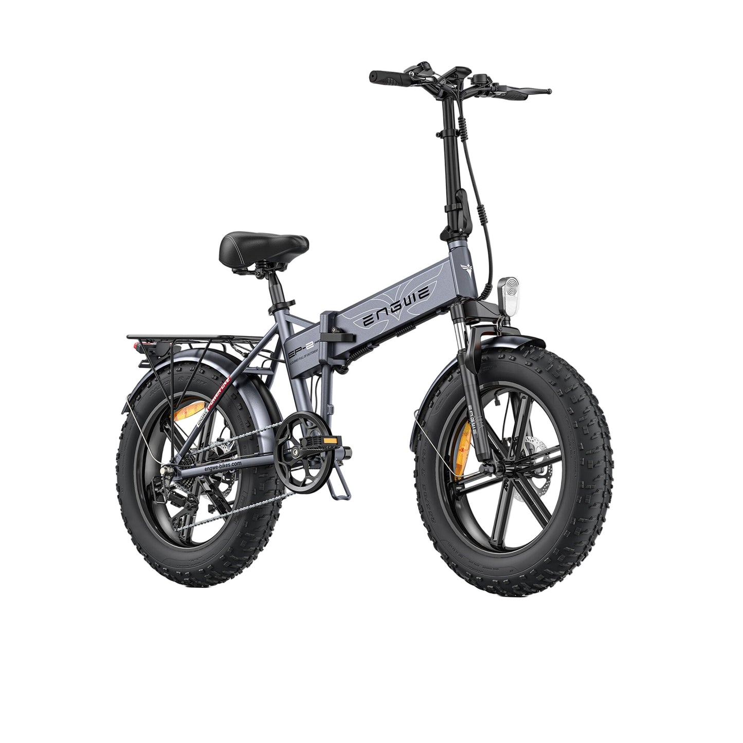 A gray ENGWE EP-2 Pro electric bike with front suspension and fat tires, displayed in a folded position.