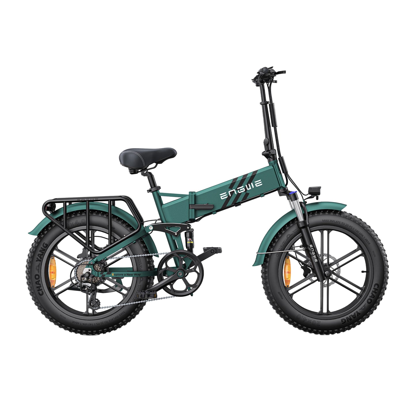 A green ENGWE ENGINE PRO 2.0 electric bike with fat tires, a foldable frame, and a rear rack.
