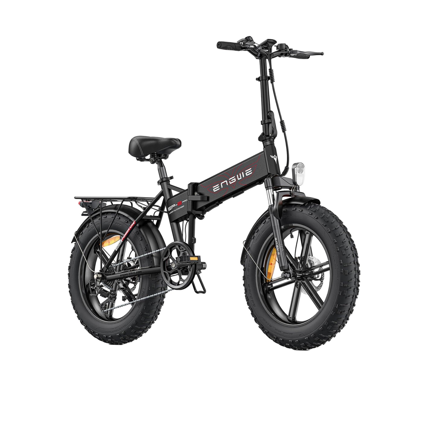 black ENGWE EP-2 Pro electric bike with front suspension and fat tires, displayed in a folded position.