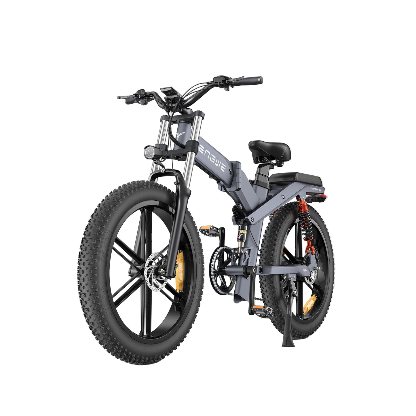 A gray ENGWE X26 Electric Bike with a prominent front suspension system, large wheels, and a foldable frame design.