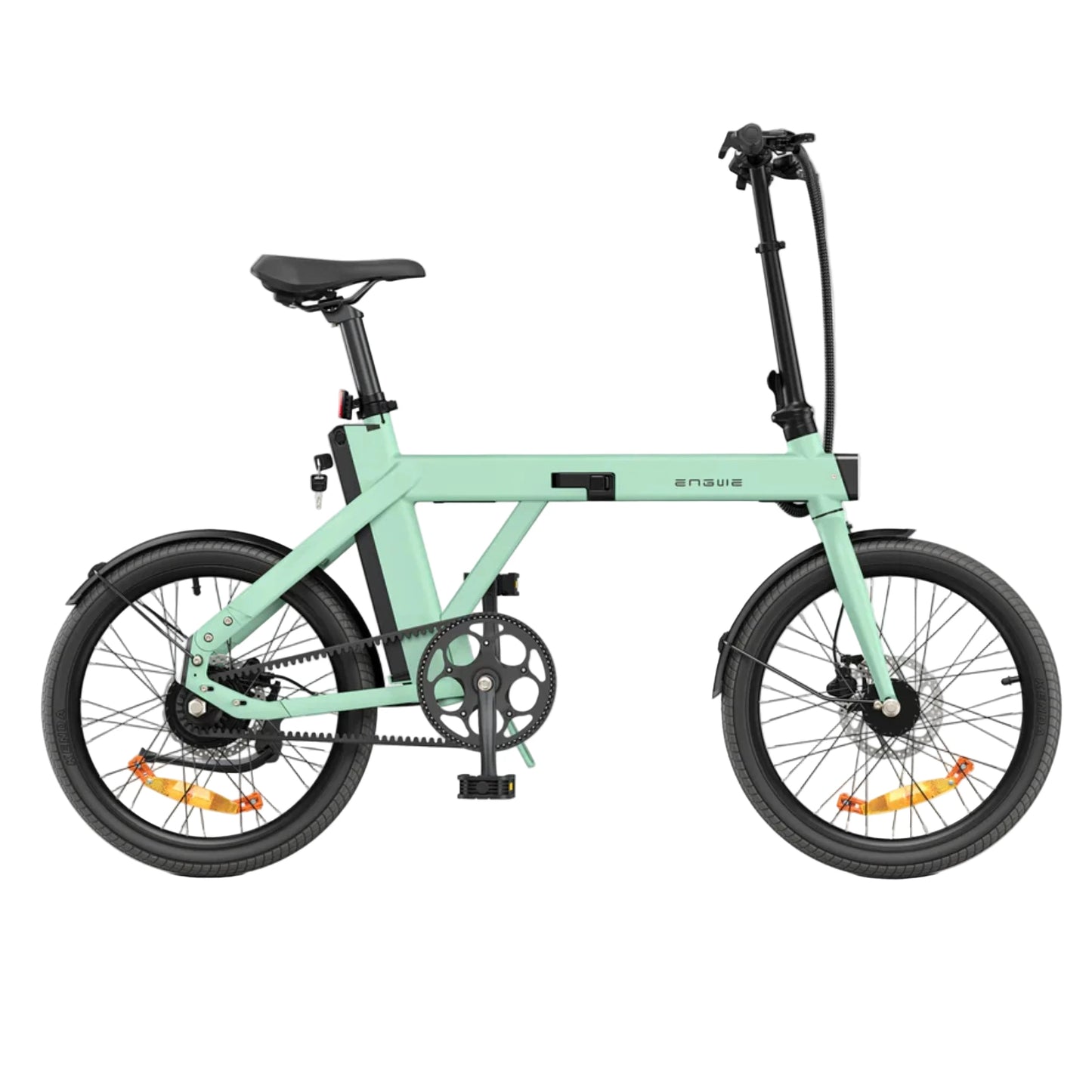 A green ENGWE P20 electric bike with a sleek design, featuring a foldable frame, hydraulic disc brakes, front and rear fenders, and a modern aesthetic.