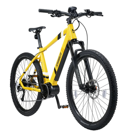 A yellow and black Mark2 Scrambler CL electric bike with a high torque motor and a removable battery, displayed on a white background.