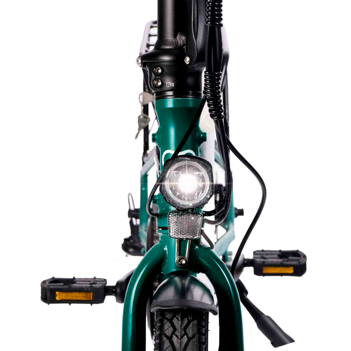 Hygge Virum Electric Bike British Racing Green Front Light On