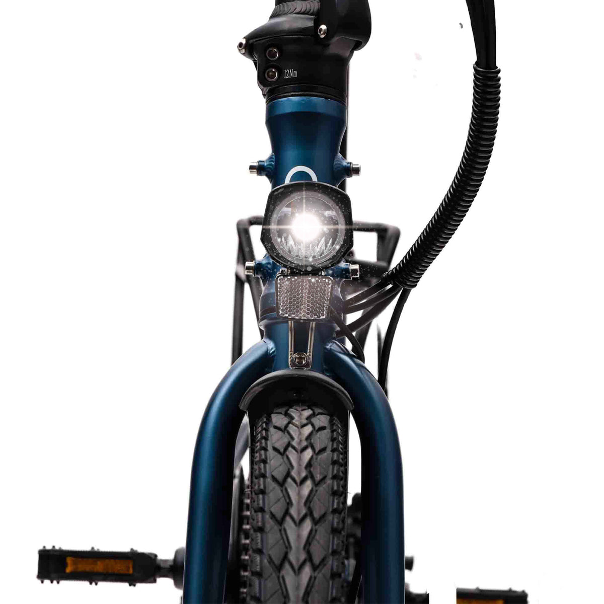 Hygge Virum Step Electric Bike Navy Blue Front Light On