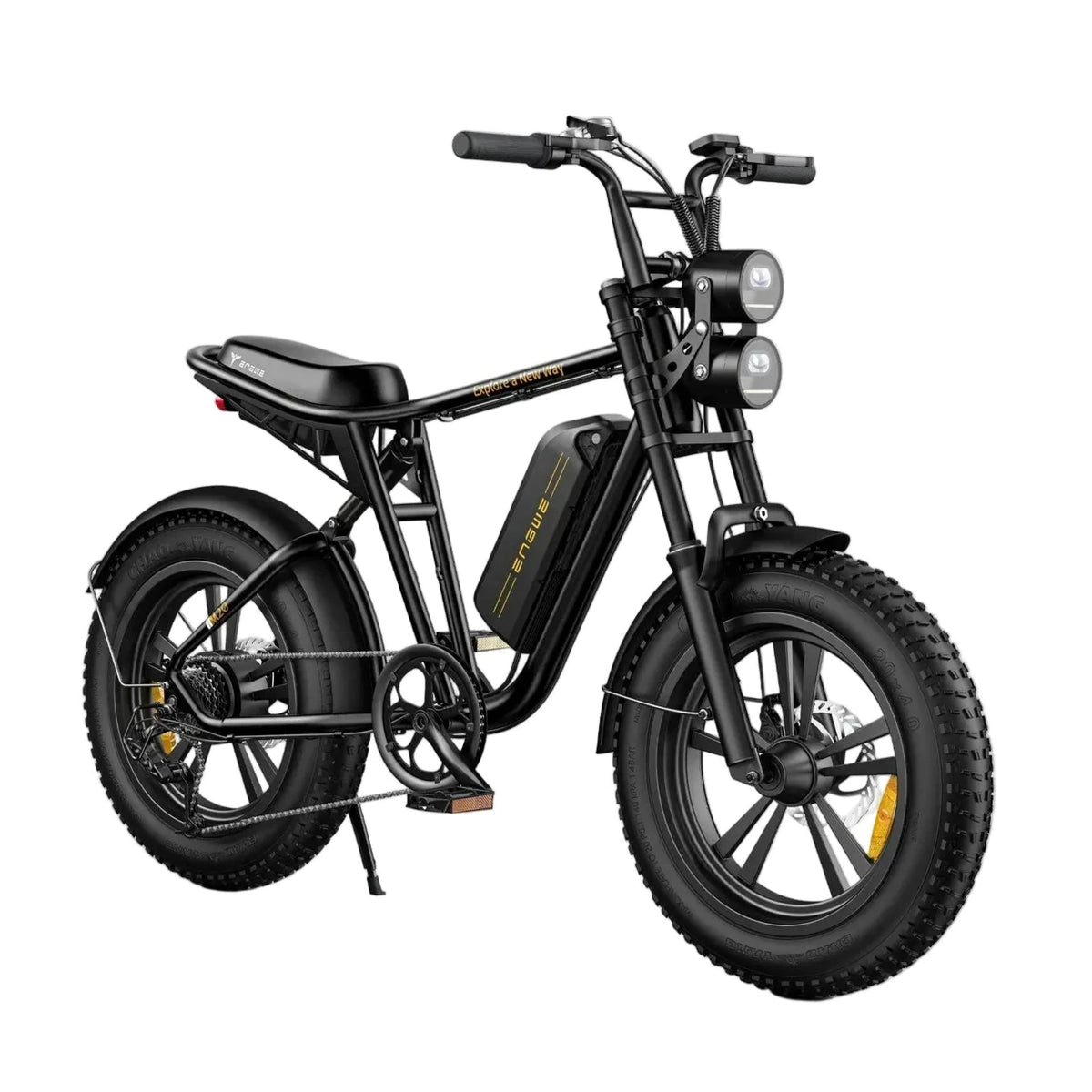 ENGWE M20 Electric Bike in black color with dual suspension and fat tires, equipped with a battery and displayed on a white background.