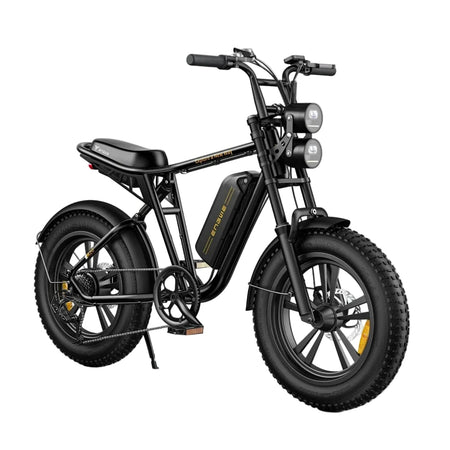ENGWE M20 Electric Bike in black color with dual suspension and fat tires, equipped with a battery and displayed on a white background.