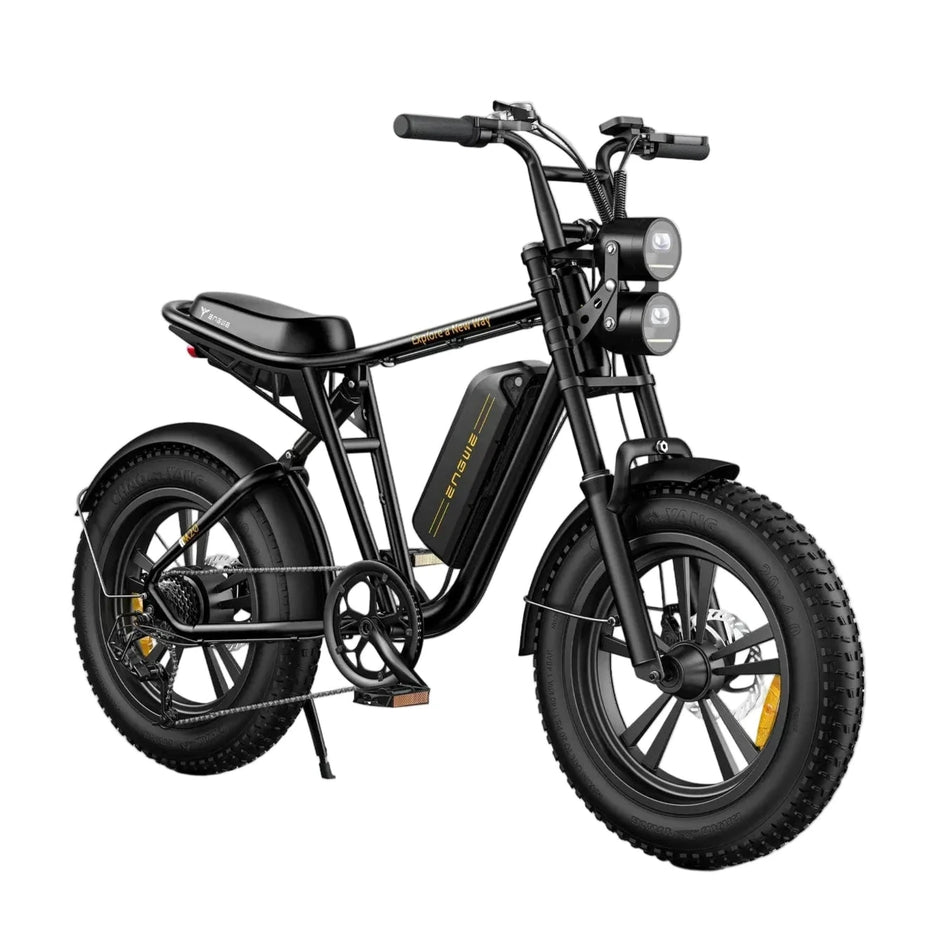 ENGWE M20 Electric Bike in black color with dual suspension and fat tires, equipped with a battery and displayed on a white background.