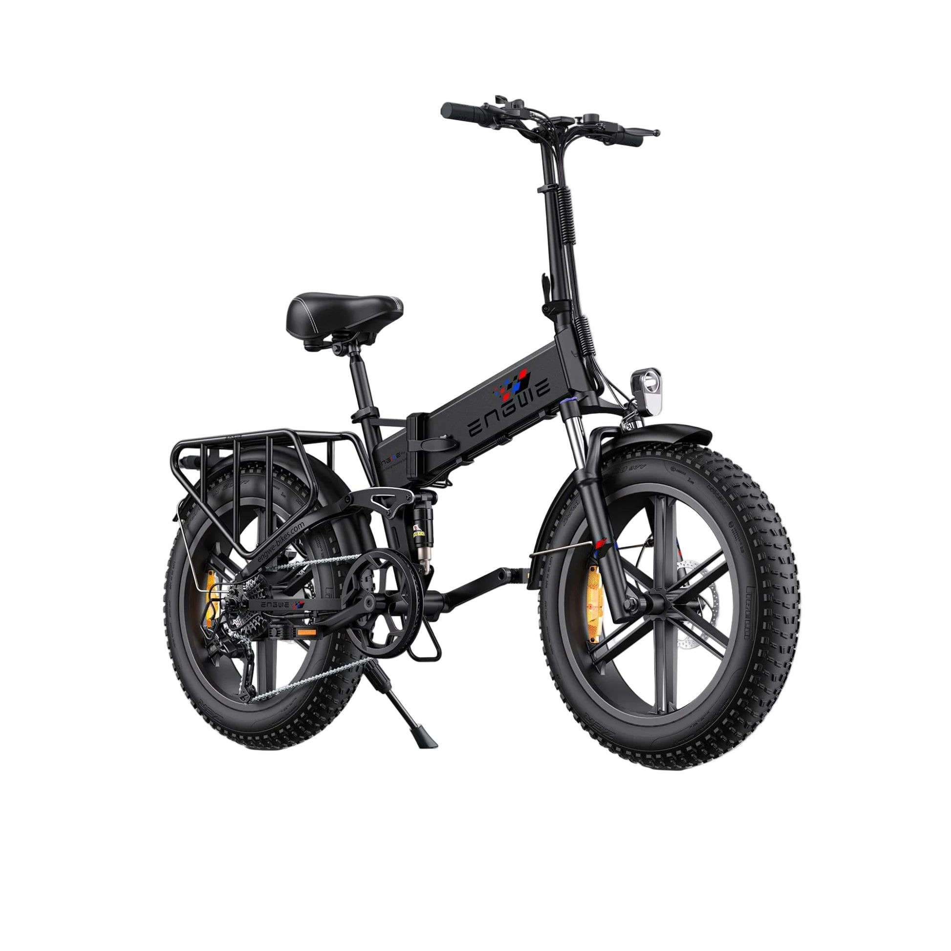 black ENGWE Engine X foldable electric bike with fat tires and a rear cargo basket.