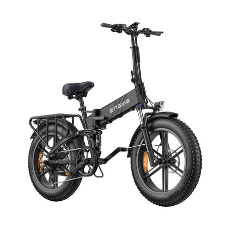 A black ENGWE ENGINE PRO 2.0 electric bike with fat tires, a foldable frame, and a rear rack.