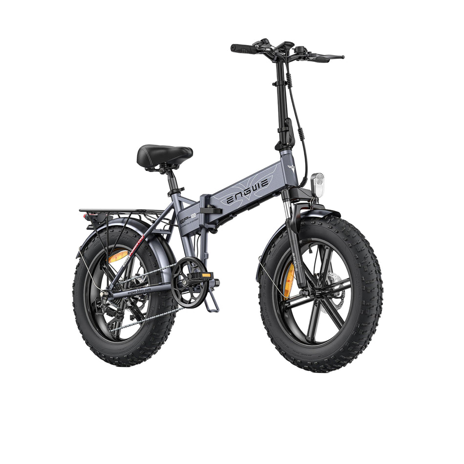 A gray ENGWE EP-2 Pro electric bike with front suspension and fat tires, displayed in a folded position.