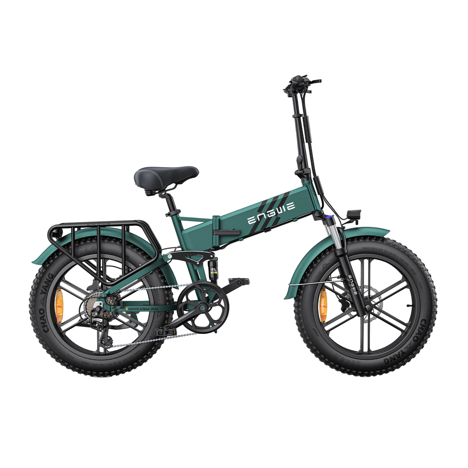 A green ENGWE ENGINE PRO 2.0 electric bike with fat tires, a foldable frame, and a rear rack.