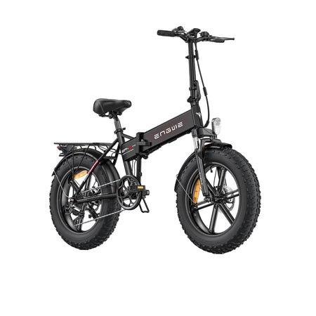 black ENGWE EP-2 Pro electric bike with front suspension and fat tires, displayed in a folded position.