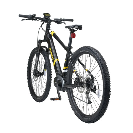 A yellow and black Mark2 Scrambler CL electric bike with a high torque motor and a removable battery, displayed on a white background.